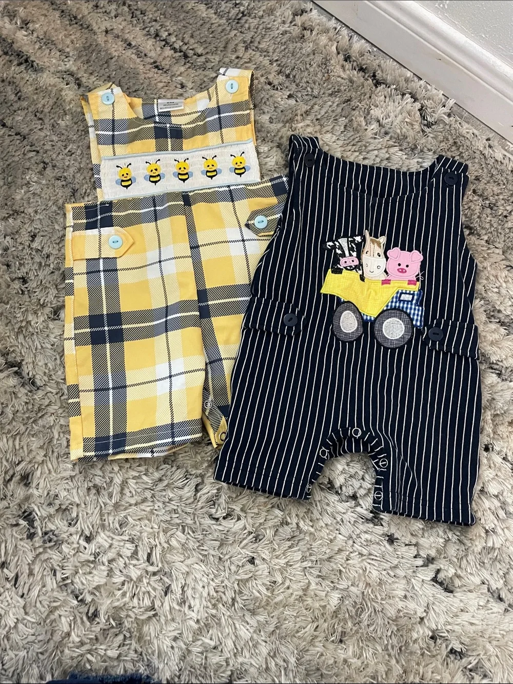Yellow Plaid Baby Overalls with Bee Trim